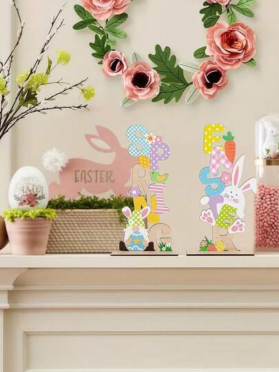 Easter Table Decoration Signs, Wooden Bunny Gnomes Easter Decorations, Happy Spring Centerpiece Signs, Farmhouse Decor Signs For Home Tables Garden Indoor Decor, Table Decor Bright-Colored Adorable Rabbit Pattern Table Sign Decor For Party