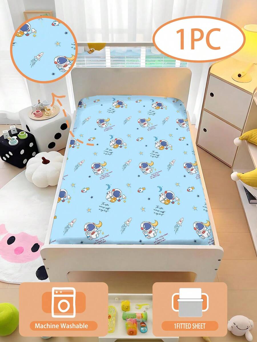 1件装 110克 宇航员主题床单，儿童卡通床单，100% 涤纶材质，婴儿拼接床单，3D 印花卡通床单，100% 水洗超细纤维制成（1张床单，不含填充物），适用于儿童房、幼儿园午睡床、婴儿床、婴幼儿及学龄前儿童（床单边缘高度15厘米） - 彩色 - 查看 1