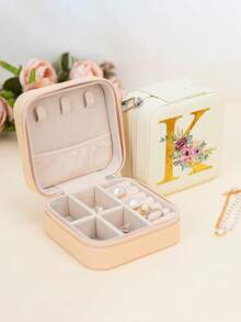 个性化花卉字母旅行首饰盒，伴娘礼物，首饰盒，耳环戒指收纳盒，字母组合礼盒，首饰盒收纳盒，女士首饰盒，小型首饰盒，耳环首饰盒，项链首饰盒，首饰盒，婚礼回礼 - 彩色 - 查看 5