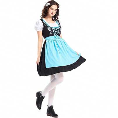 Bộ trang phục Oktoberfest màu xanh dương dành cho nữ, bao gồm tạp dề, trang phục truyền thống vùng Bavaria, thích hợp cho lễ hội Carnival và tiệc Halloween.