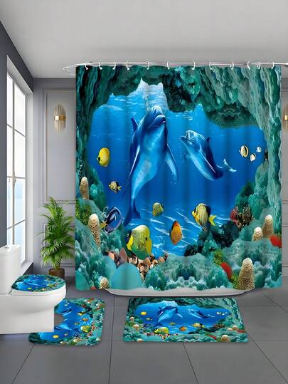 1/4pcs Dolphin Pattern Shower Curtain Set, Waterproof Mildew-Resistant Thickened Polyester Shower Curtain Set With 12 Hooks, Non-Slip Bath Mat, U-Shaped Toilet Mat, Toilet Mat, Bathroom Accessories