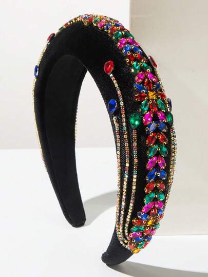 1pc Thick Velvet Padded High Crown Baroque Style Headband, Sparkling Gemstone Decor, Elegant For Formal Occasions, Versatile Accessory
