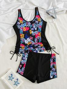 Tropical Print Side Drawstring Belly Covering Tankini Set, For Summer Beach Vacation - Multicolor - View 10