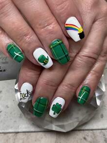24片中号方形斋月美甲贴片，圣帕特里克节绿色三叶草图案彩虹钱袋腰带和高顶礼帽中号全覆盖亮面假指甲套装，包含：1片果冻胶和1个指甲锉，易于佩戴，适合日常佩戴，法式美甲贴片，适合女性和女孩日常使用。 - 彩色 - 查看 1