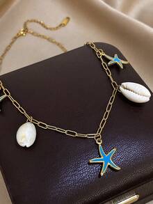 1件装18K镀金不锈钢海星吊坠项链，女士夏季项链首饰礼品 - 彩色 - 查看 1