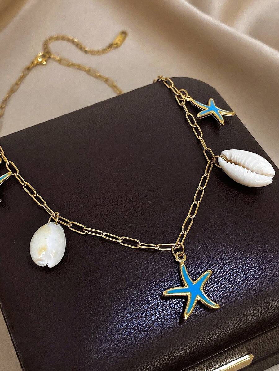 1件装18K镀金不锈钢海星吊坠项链，女士夏季项链首饰礼品 - 彩色 - 查看 1