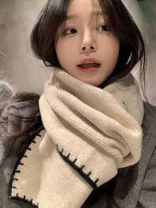 1pc Women's Fashionable Scarf, Soft Wax Wool Knitted Warm Thick Fleece Scarf, Suitable For Student Dresses In Winter - Black and White - View 3