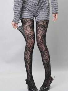 1双女士透明网眼连裤袜/丝袜，渔网连裤袜，高腰显瘦设计，大码，适合各种场合 - 黑色 - 查看 3
