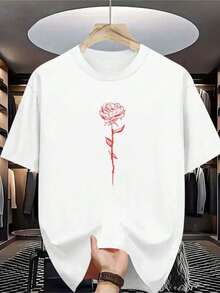 Men's Shirt With Pink Red Print, 100% Cotton, Women's And Men's Summer Fashion, Short Sleeve - 白色 - 查看 1