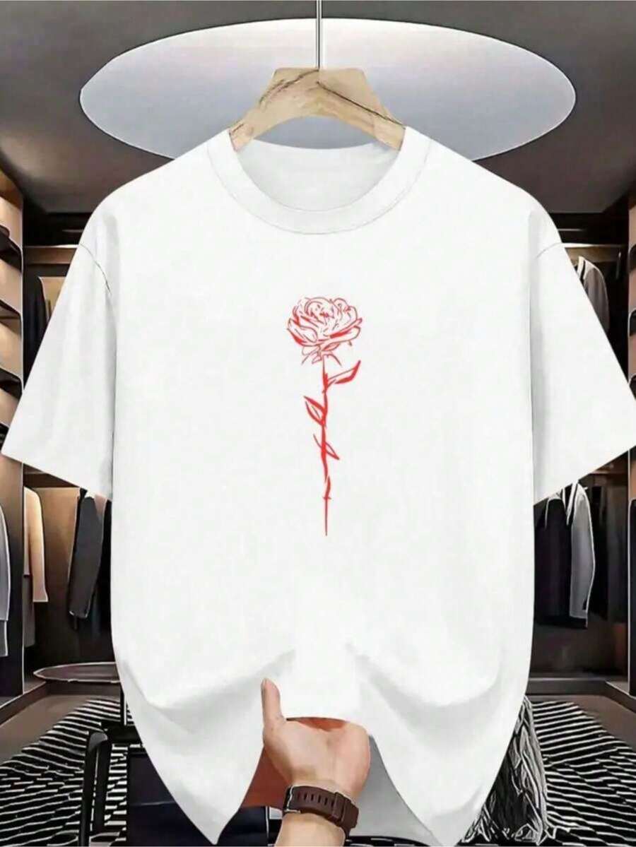 Men's Shirt With Pink Red Print, 100% Cotton, Women's And Men's Summer Fashion, Short Sleeve - 白色 - 查看 1