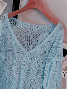 Women's V-Neck Hollow Rhombus Design Loose Knit Cover Up, Lightweight Breathable Cover-Up For Beach & Holiday, Spring/Summer Vacation - Light Blue - View 3