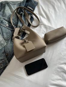 复古女士手提包，多功能斜挎水桶包，独特设计 - 灰色 - 查看 5