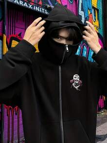 Men's Fashion Dark Masked Printed Double Hooded Jacket, A Cool And Fashionable Street Top, Naturally Versatile, Casual And Cool, Comfortable And Versatile, Suitable For Autumn Men's Wear, Men's Wear, Winter Men's Wear, Parties, Outdoor Tops, Fashionable Men's Hooded Sweatshirts, Double Hooded Sweatshirts. - Black - View 2