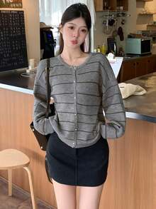 Vintage Striped Casual Cardigan, Versatile For Spring And Autumn - Grey - View 5