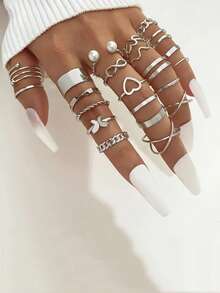 22pcs Stackable Rings Set For Women - Minimalist Heart/Butterfly/Pearl Design, Y2K Layered Statement Jewelry - Silver - View 6