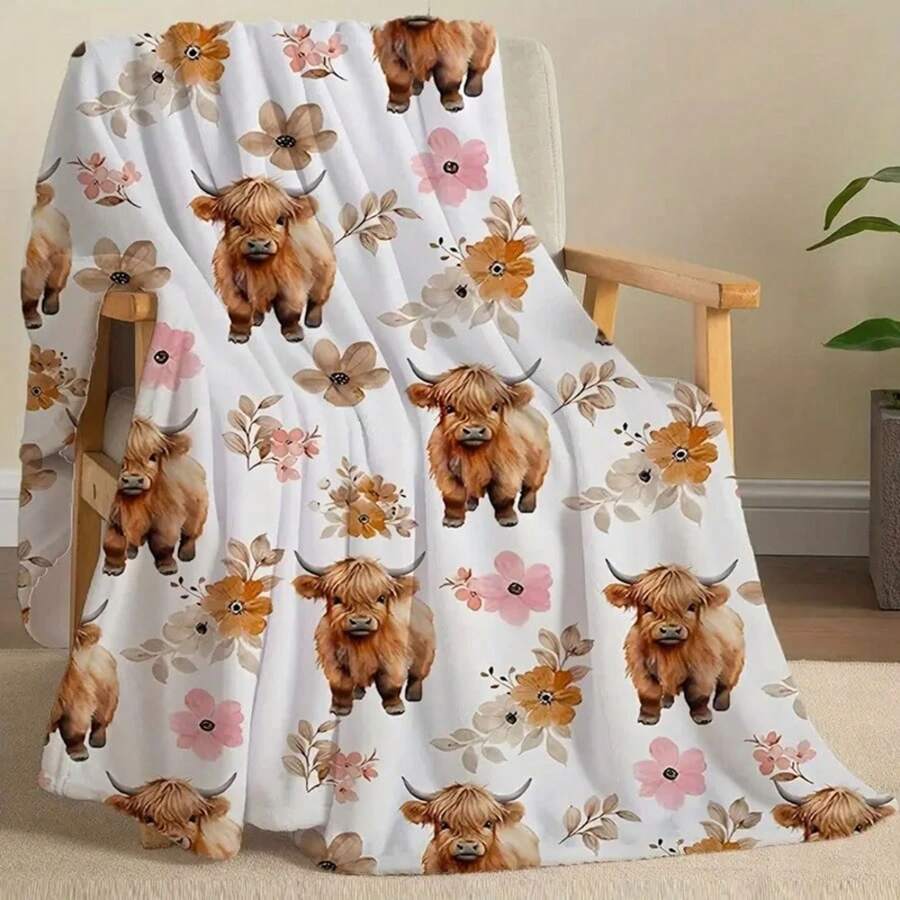 Soft Fluffy Fleece Throw Blanket With Adorable Highland Cow And Floral Pattern Warm Cozy Lightweight Plush Sofa Blanket For Bed Couch Living Room Decor All Season Comfortable Flannel Throw(280 Gsm)