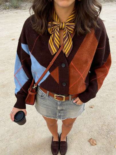 Plus Size Dammode & Elegant Mångsidig Argyle Geometriskt Mönster Kontrastfärgad Knapp V-ringad Långärmad Kofta