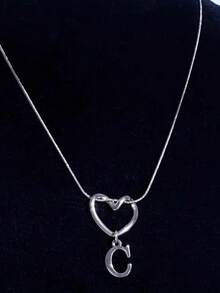 1pc INS Style 304 Stainless Steel Hollow Heart Pendant Necklace With 26 Alphabet Letters, Women's Birthday/Valentine's Day Gift For Lover - Silver - View 2