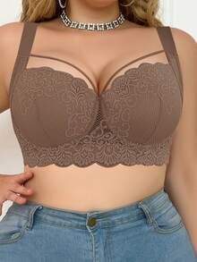 MIMILEMON Plus Size Comfortable Lace Underwire Bra - Wide Straps, Lift, Side Support, Full Coverage Design - Mocha Brown - View 2