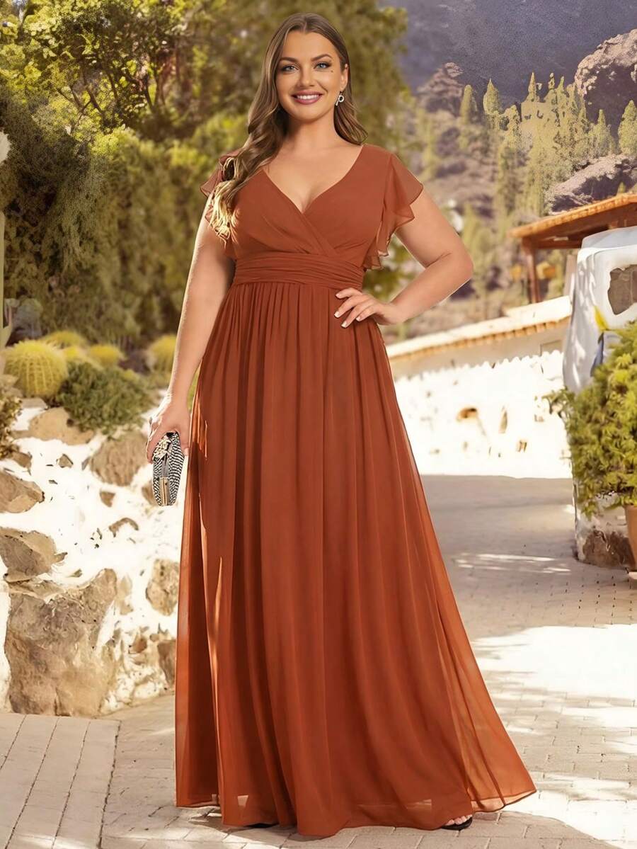 EVERPRETTY V-Neck Solid Color High Waist Pleated Bridesmaid Dress, Orange, Wedding Party Guest Dress, Spring/Summer