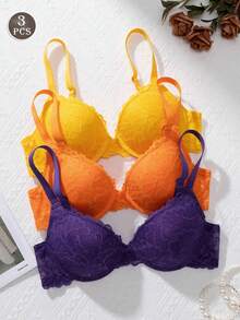 3pcs/Set Multicolor Lace Eyelash Sexy Push-Up Underwire Bra - Multicolor - View 1