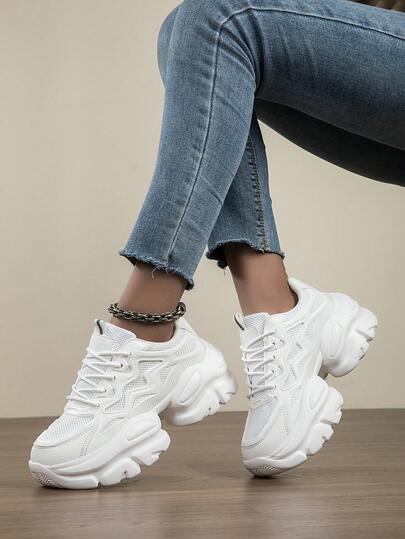 女士厚底舒适系带厚底运动鞋，圆头厚底休闲鞋，百搭透气白色厚底鞋