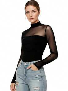 Women Long Sleeve Sheer Mesh Bodysuit Mock Turtle Neck Body Suit Tops  Sexy Ruched Going Out Leotard,Local Delivery - 黑色 - 查看 2
