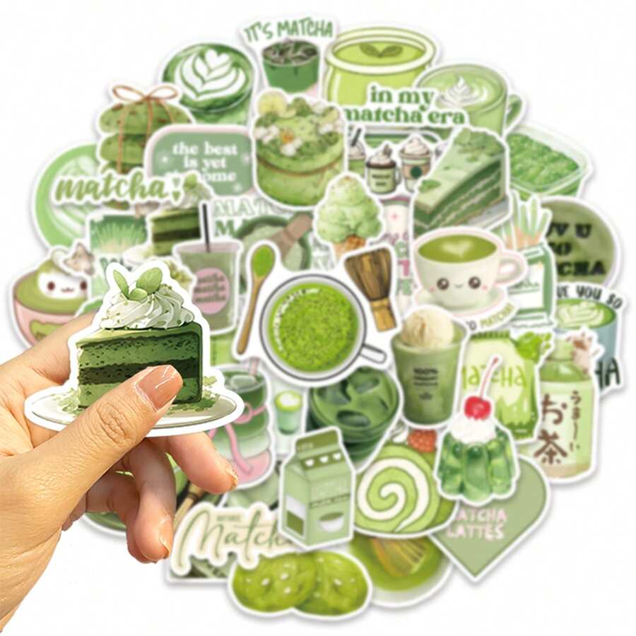 50张绿色INS风抹茶甜点卡通贴纸，可用于剪贴簿、笔记本、行李箱、笔记本电脑、滑板等。 - 彩色 - 查看 1