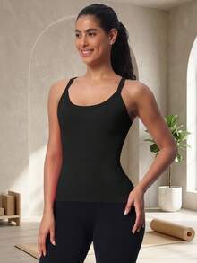 Racerback Tank Tops For Women - Scoop Neck Spaghetti Strap Padded Workout With Built In Bra - 黑色 - 查看 4
