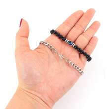 2Pcs/Set Fashion Blue Eye Initial Pendant Stainless Steel Chain And Beaded Bracelets For Men - Silver - View 3