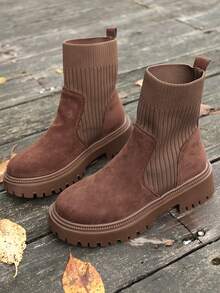 女士西部风格丝绒弹力短靴，圆头，平底，舒适，时尚 - 卡其色 - 查看 2