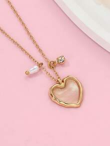 1pc Heart-Shaped Zinc Alloy & Faux Pearl Necklace, Suitable For Girls, Friends, Vacation Wear - one-size - View 3