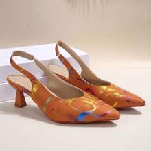 女士尖头露跟高跟鞋，舒适缎面套脚细高跟鞋，百搭连衣裙凉鞋 - 亮橙色 - 查看 5