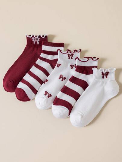 5 pares de calcetines de tobillo con estampado de rayas, lazo y encaje de angora suave y transpirable, ideales para uso diario casual, para el Día de San Valentín de las mujeres