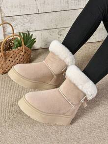 Women's Fashion Versatile Patchwork Metal Buckle Zipper Solid Color Round Toe Short Ankle Buckle Strap Chunky Heel Short Boots, Fashionable Casual Daily Wear, Suede, Autumn/Winter,Fur Boots - 米色 - 查看 4
