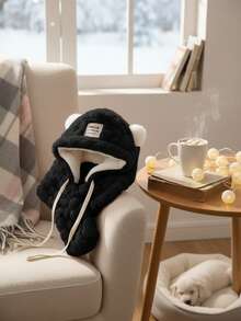 1pc Beige Plush Hat With Cute Bear Ears, Scarf Attached, Women's Warm Thick Winter Korean Style Everyday Riding Ear Protection Fuzzy Cap - Multicolor - View 3