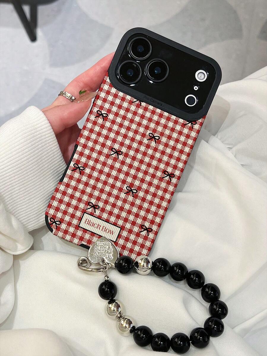 Leather Fashion Phone Cases Red Plaid Bow Flower Leather Texture Phone Case With Handmade Beaded Heart Strap, Compatible With IPhone XR, 11, 12, 13, 14, 15, 16, 17, 17 Pro, 17 Pro Max Spring Gift Case - Multicolor - View 1