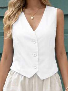 MICHELEE Elegant Women's Vest With V-Neck And Button Closure - White - View 3