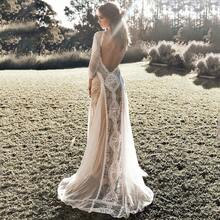 Ladies Dress Fashion Elegant Fresh Temperament Dinner Party Wedding Dress Crew Neck Long Sleeve Flower Print Backless Lace Sexy Dress - 白色 - 查看 13