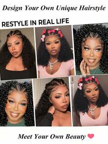 4x4 卷曲玉米辫蕾丝前额假发，5 根辫子，真人发丝，水波纹，无胶波波头假发，150% 密度，自然色深波纹，预拔毛蕾丝前额波波头假发，带婴儿发，适合女性日常佩戴 - Natural Black - 查看 3