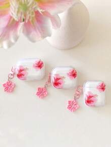 Fresh And Sweet Floral Pattern Hibiscus Flower Transparent Earphone Case With 1 Flower Charm, Compatible With AirPod Case, Headphones, Pro 3 Case, Pro (2nd Gen), 3, Pro, 1/2, 4 Case Cover, Suitable As Valentine's Day Gift