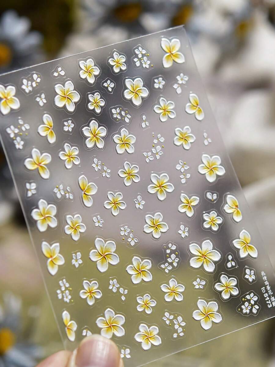 1pc Yellow Tropical Frangipani Blooming Petals Embossed Flower Exotic 5D Nail Art Stickers Self-Adhesive Press On Manicure For Women Summer Vacation Nail Decor For Beach Party Holiday - Multicolor - View 1