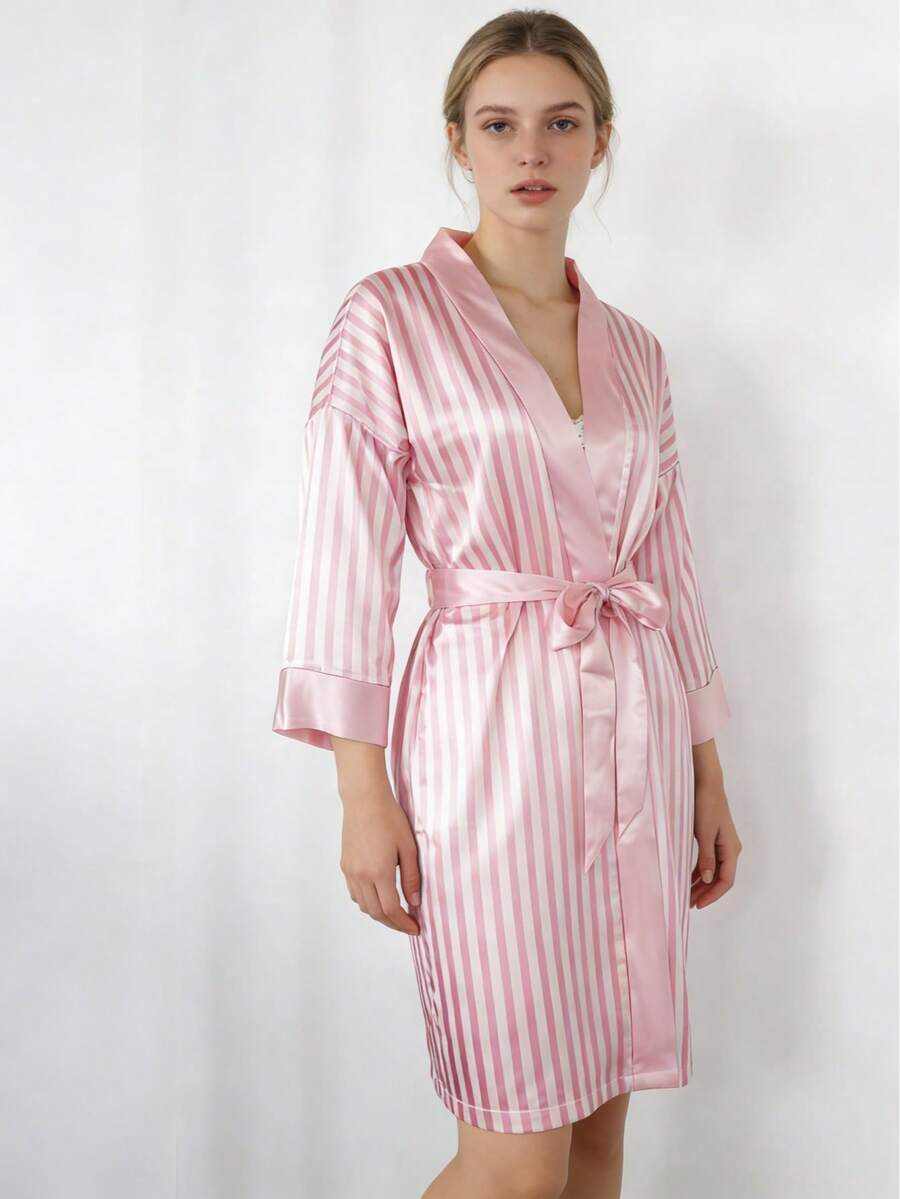1 Pc Elegant Pink Satin Robe , Sexy Short Satin Silk Soft Sleepwear, Suitable For Bride, Bridesmaid, Home Use. - Hồng - Xem 1
