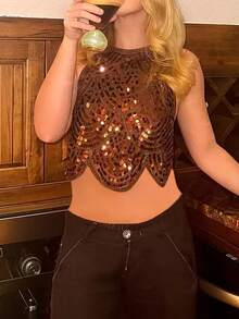 Womens Halter Sequin Tank Top Backless Tie Up Sparkly Crop Top Sleeveless Glitter Party Tops Clubwear - 咖啡色 - 查看 1