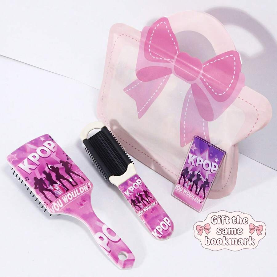 KPOP 美发造型礼盒套装 - 内含 KPOP 女团图案发梳、尼龙按摩气垫梳、可折叠镜梳，适合作为礼物，附赠情人节礼品袋，并配有同款书签 - 粉色 - 查看 1
