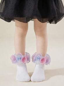 1双纯棉儿童蕾丝边短袜，蓬松蕾丝网眼女童蕾丝边袜，可爱公主舞蹈袜 - 白色 - 查看 5
