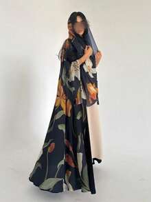 Women's New Floral Print Open Front Casual Abaya Robe With Headscarf, Daily Wear - Black - View 2