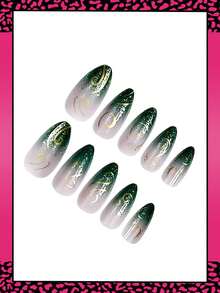 24pcs Long Almond Ramadan Press On Nails, Green Glitter Gradient With Gold Stars And Irregular Line Design Long Nails Full Cover Glossy False Nails Set, Include: 1pc Jelly Glue And 1pc Nail File, Easy To Wear Daily Fake Nails Press On Art For Women And Girls Daily Life - Multicolor - View 3