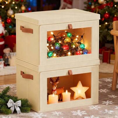 1PC Wardrobe Storage Box, Under Bed Storage, Home Autumn Decoration, Foldable Fabric Storage Box With Lid, With Handle And Transparent Window, Suitable For Living Room, Bedroom, Dormitory, Christmas Storage, Home Storage, Beige