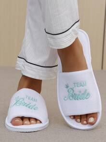 Women's Disposable Slippers With Gold Crown Pattern, Mint Green Crown Pattern And "" Embroidered Logo, Open Toe, White Coral Fleece Material, Wedding Bridesmaid Use - Multicolor - View 4